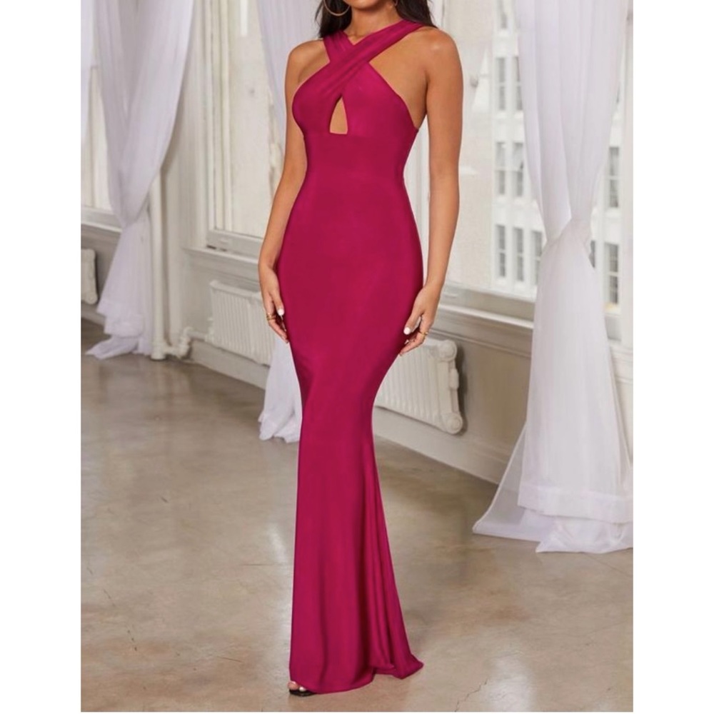PINK CROSS FRONT FISHTAIL MAXI DRESS